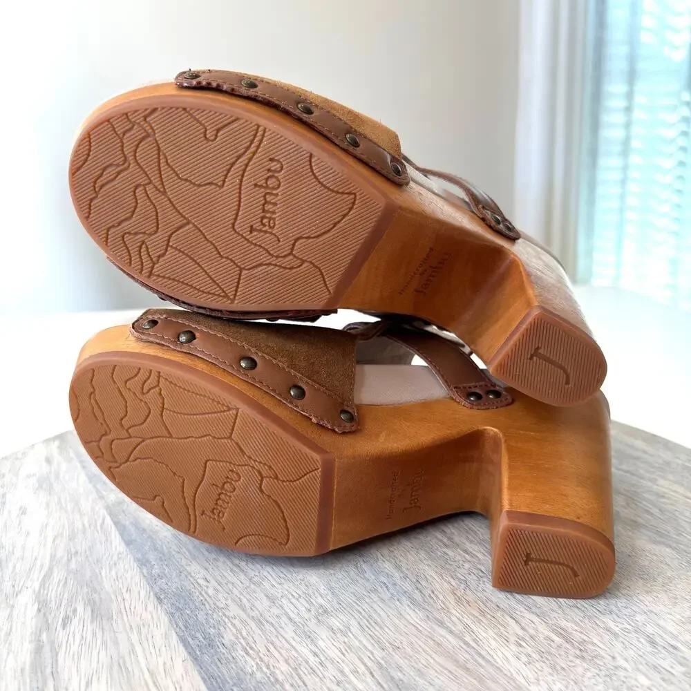 Jambu Handcrafted Suede Wood Platform Sandals Women's Size 8 Brown Peep Toe - Picture 12 of 13